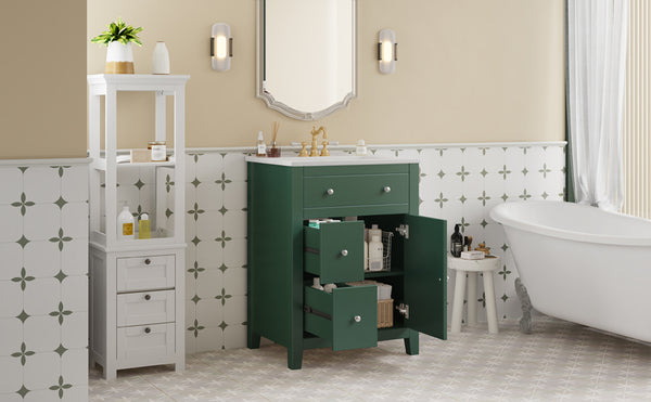 English Elm 24" Modern Bathroom Vanity with Ceramic Basin, French Country Cross-Grid Design & Soft-Close Drawers Green N710P280655F