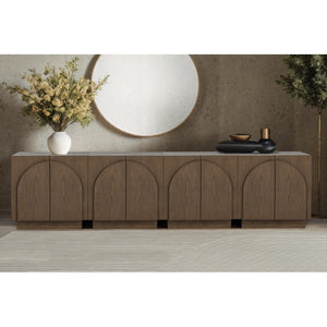 English Elm Mid-Century wooden sideboard buffet with arched doors and rounded edges, spacious storage, durable craftsmanship nurturing warmth Brown 33 L x 19 W x 29 H B011P367187