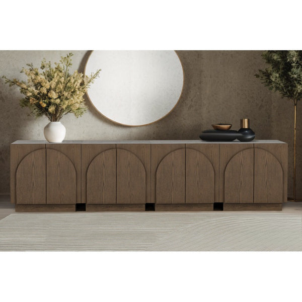 English Elm Mid-Century wooden sideboard buffet with arched doors and rounded edges, spacious storage, durable craftsmanship nurturing warmth Brown 33 L x 19 W x 29 H B011P367187