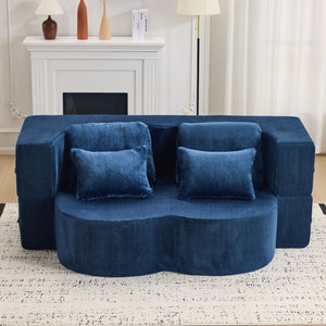 English Elm Queen Foldable Sofa Bed with Plush Chenille Cover, High-Density Foam Convertible Futon for Living Room Guest Room Bedroom Blue W1829P348211