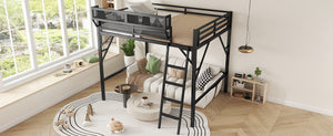 English Elm Queen Size Metal Loft Bed with Ladder and Built-In Storage Shelves, High Durable Black Frame, 400LB Capacity W2580P316650