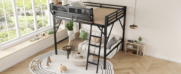 English Elm Queen Size Metal Loft Bed with Ladder and Built-In Storage Shelves, High Durable Black Frame, 400LB Capacity W2580P316650