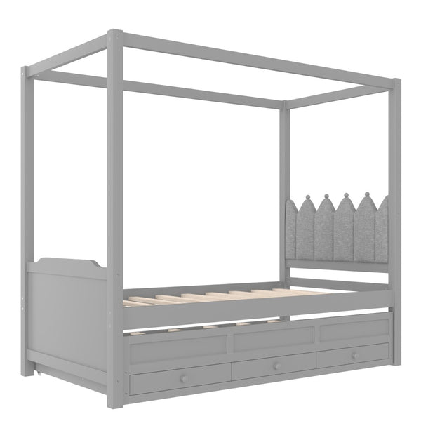 English Elm Full Bunk Bed with Trundle Bookshelf Storage Pine Frame Car Design for Kids W1580S00316