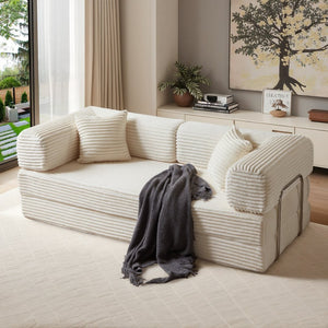 English Elm Compression Foldable Floor Sofa Bed Corduroy Futon with Foam Support for Small Spaces Beige W3716P379182
