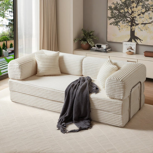 English Elm Compression Foldable Floor Sofa Bed Corduroy Futon with Foam Support for Small Spaces Beige W3716P379182