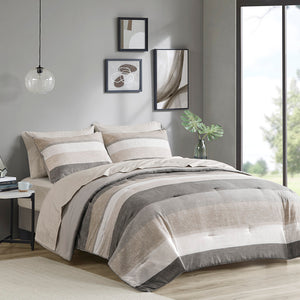 JLA Home Madison Park Essentials - Stripe Comforter Set with Bed Sheets featuring Modern Neutral Stripes, OEKO-TEX, Antimicrobial Finish, Fits Up to 14" Mattresses Taupe/Grey MPE10-1036