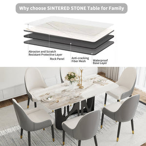 English Elm 63" Modern Sintered Stone Dining Table With Curved Bronze Iron Legs - Seats 6, Stylish & Durable! W1535S00432