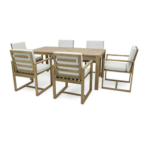 English Elm Patio Light Teak Acacia Wood Dining Set with Removable Beige Cushions, 6-Piece Outdoor Table & Chairs SZ000090AAA