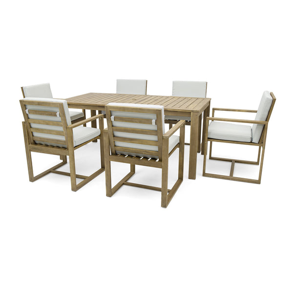 English Elm Patio Light Teak Acacia Wood Dining Set with Removable Beige Cushions, 6-Piece Outdoor Table & Chairs SZ000090AAA