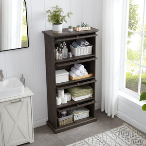 English Elm 4 Tier Glass Display Cabinet with Flip-Up Tempered Doors Elegant Aluminum Curio for Collectibles Brown W1758P294628