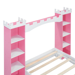 English Elm Castle-Shaped Twin Bed with Crown Footboard and Built-In Shelves, Sturdy MDF/Pine Frame for Kids White+Pink 82 L x 14.25 W x 6.75 H N733S177379K