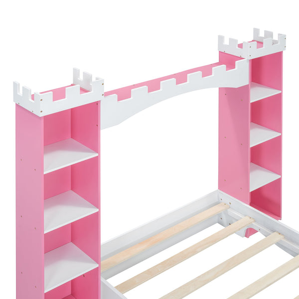 English Elm Castle-Shaped Twin Bed with Crown Footboard and Built-In Shelves, Sturdy MDF/Pine Frame for Kids White+Pink 82 L x 14.25 W x 6.75 H N733S177379K