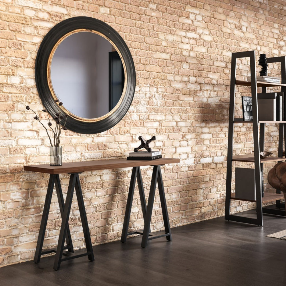 English Elm Sawhorse Console Table - Premium Walnut Veneer With Metal Legs For Vintage Industrial Style Decor B136P159589-GIGA