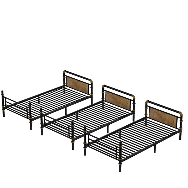 English Elm Quad Quad Bunk Bed for 4 Kids - Heavy Duty Metal Twin Frame, Detachable Triple Layout, Rustic Black Wood Finish, 250lb Capacity Each, Space-Saving Modular Design W2580S00020