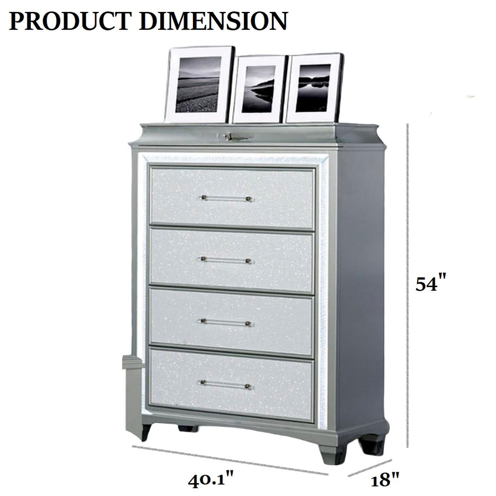 English Elm Glamour Metallic Gray 5-Drawer Chest 40"W x 54"H Glamorous Acrylic Trim LED Handles Modern Bedroom B2741P396695