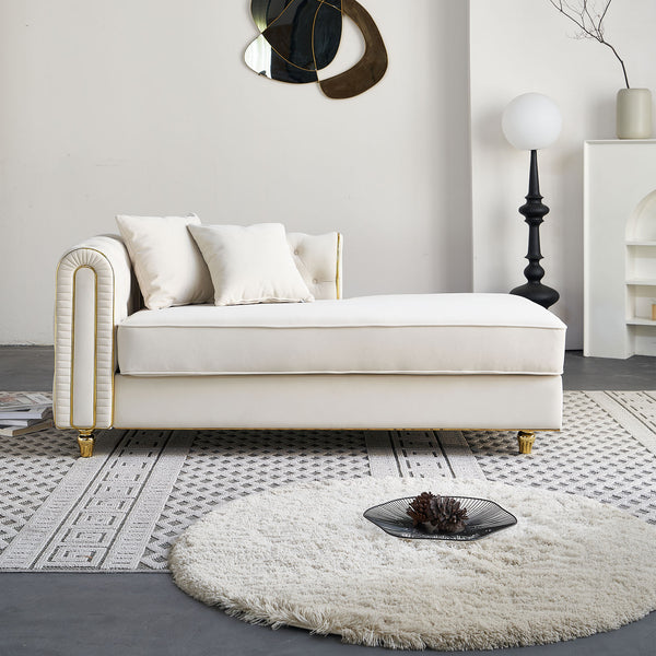 English Elm 66.9''W Velvet Chaise Lounge with Tufted Back and Gold Trim, Luxury Modern Sofa for Living Room Beige W579P224630
