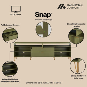 English Elm Dumbo 85" Fluted TV Stand with Gold Legs, 2 Drawers & 6 Shelves, Wire Management, Easy Snap Assembly Olive Green B365P397927
