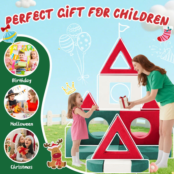 English Elm 16 Piece Modular Foam Play Couch Fort Building Set for Creative Kids Playroom Use Red+Green T5880P493422