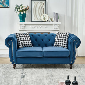 English Elm 67"Chesterfield Velvet 2-Seater Sofa with Nailhead Trim, Roll Arms, Hardwood Frame, Luxurious Comfort Blue W3373S00050