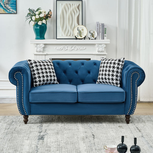 English Elm 67"Chesterfield Velvet 2-Seater Sofa with Nailhead Trim, Roll Arms, Hardwood Frame, Luxurious Comfort Blue W3373S00050