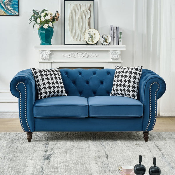 English Elm 65"chesterfield Velvet Tufted Sofa with Nailhead Trim Mid Century Two Seat Couch Blue W3373S00068