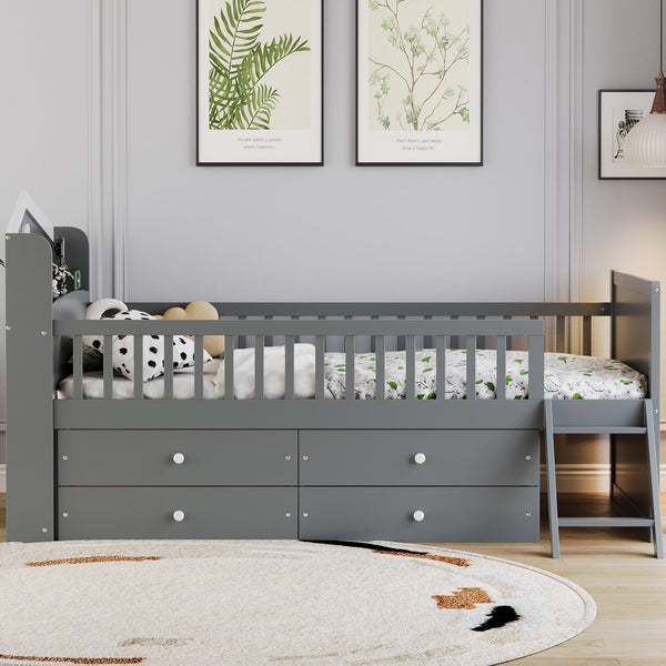 English Elm Twin Bed Frame with Storage Drawers and House Headboard, Kids Platform Bed with Guardrail Ladder and Shelf Gray 49.3 L x 16.25 W x 7.75 H N733S278032E