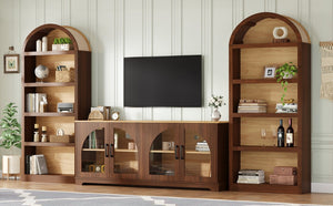 English Elm 3-piece Farmhouse Entertainment Center with Arched Glass Doors and Open Tower Shelving Walnut N721S000070P