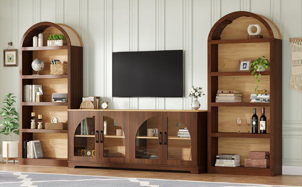 English Elm 3-piece Farmhouse Entertainment Center with Arched Glass Doors and Open Tower Shelving Walnut N721S000070P