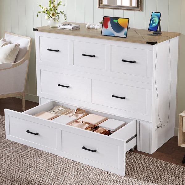 English Elm Murphy Full-Size Cabinet Bed with Built-In Charging Station, Storage Drawer & 700lb Capacity Comfort White 52.5 L x 26 W x 5.5 H N733S293995W