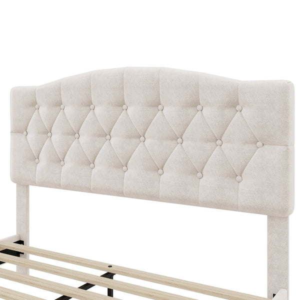 English Elm Upholstered Diamond-Tufted Platform Bed with Two-Position Adjustable Headboard and Sturdy Support Beige 65.71 L x 26.89 W x 4.88 H N701P342915B