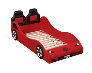 English Elm Colen Red Finish Twin Car Bed with LED Lights, PU Upholstery, Wheels Trim, No Box Spring Needed B2726S00075