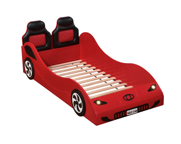 English Elm Colen Red Finish Twin Car Bed with LED Lights, PU Upholstery, Wheels Trim, No Box Spring Needed B2726S00075
