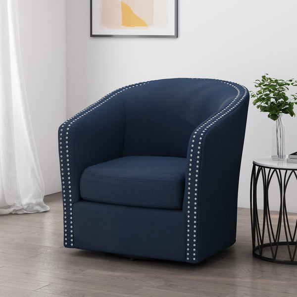 English Elm Christopher Knight Home® - SWIVEL Club Chair in Linen with Double Nailhead Trim, Cozy Tub Design, Iron Legs, No Assembly Required Blue 68404.00BLU