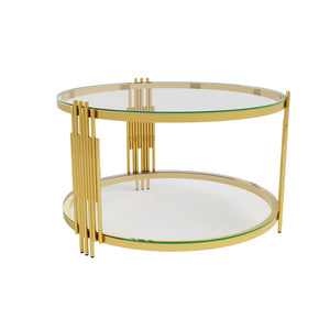English Elm Living Room 3 Piece Glass Table Set with Sculptural Gold Metal Bases and Lower Shelves Transparent N735P380100K