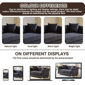 English Elm {video] Chesterfield Two-seater Velvet Sofa with Nailhead Trim and Tufted Gold Leg Luxury Black+Blue W1926S00094