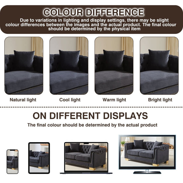 English Elm {video] Chesterfield Two-seater Velvet Sofa with Nailhead Trim and Tufted Gold Leg Luxury Black+Blue W1926S00094