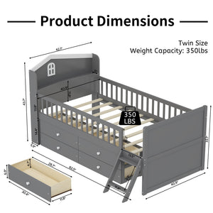 English Elm Twin Bed Frame with Storage Drawers and House Headboard, Kids Platform Bed with Guardrail Ladder and Shelf Gray 49.3 L x 16.25 W x 7.75 H N733S278032E