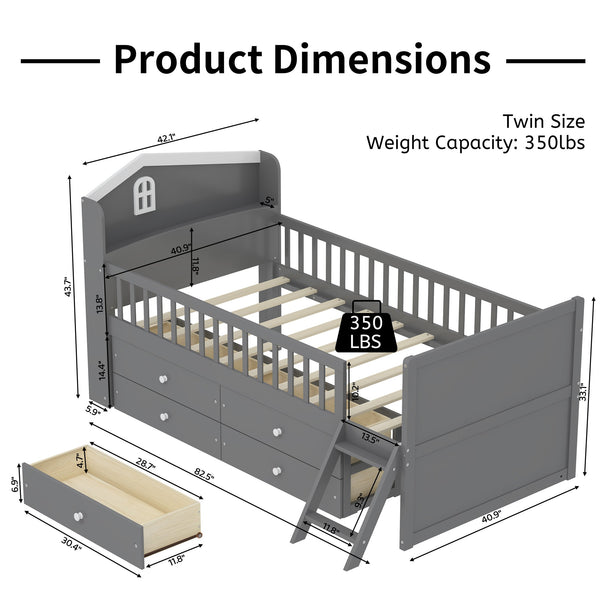 English Elm Twin Bed Frame with Storage Drawers and House Headboard, Kids Platform Bed with Guardrail Ladder and Shelf Gray 49.3 L x 16.25 W x 7.75 H N733S278032E