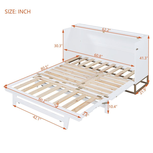 English Elm Murphy Queen Wall Bed with Frosted Glass Cabinet Facade Gold Legs Pine Frame White N820S00028K