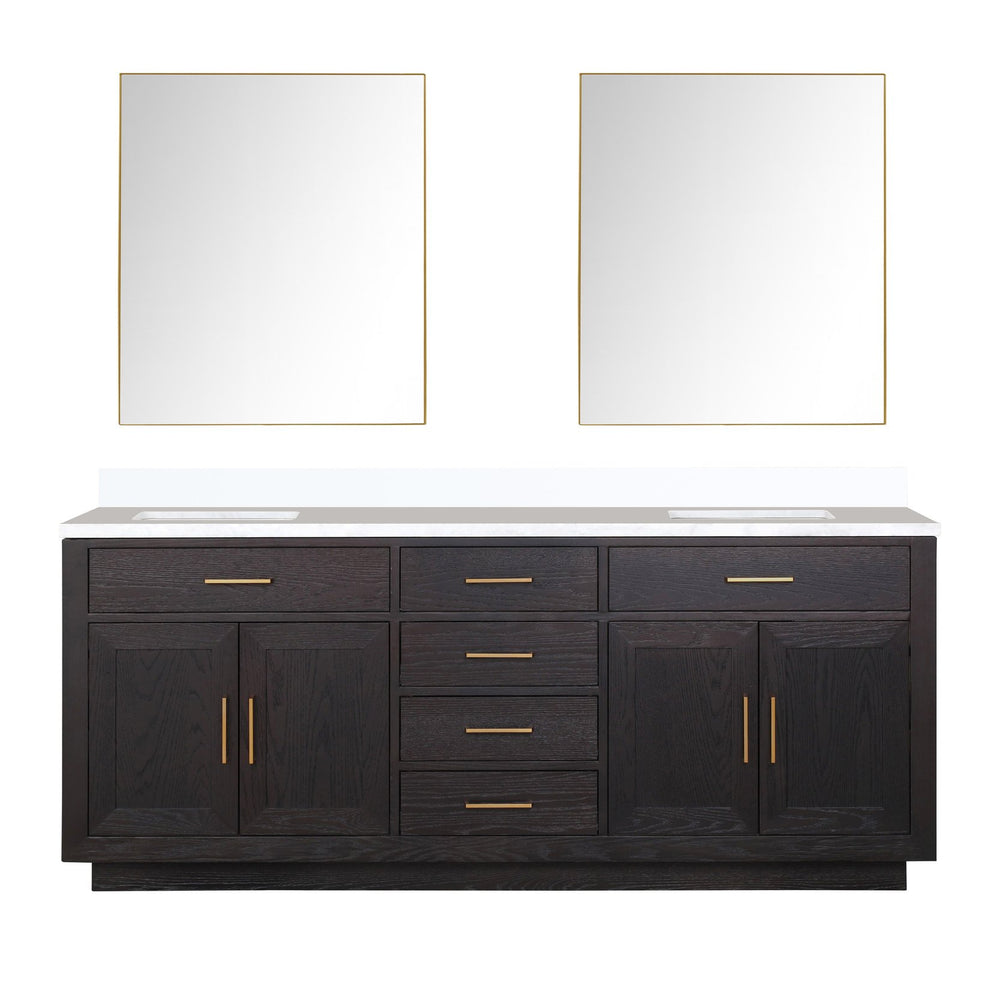English Elm Black Oak Double Bath Vanity Set With White Quartz Top & 36-Inch Frameless Mirrors For Elegant Style B2731S02144