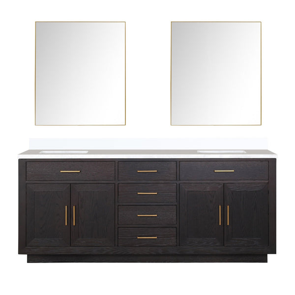 English Elm Black Oak Double Bath Vanity Set With White Quartz Top & 36-Inch Frameless Mirrors For Elegant Style B2731S02144