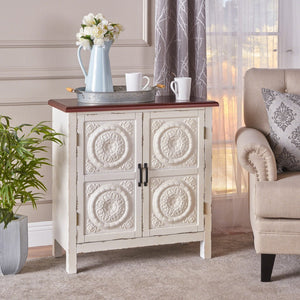 Christopher Knight Home® - Noble House - Alana Farmhouse Distressed Firwood Cabinet with Carved Panels, White and Brown