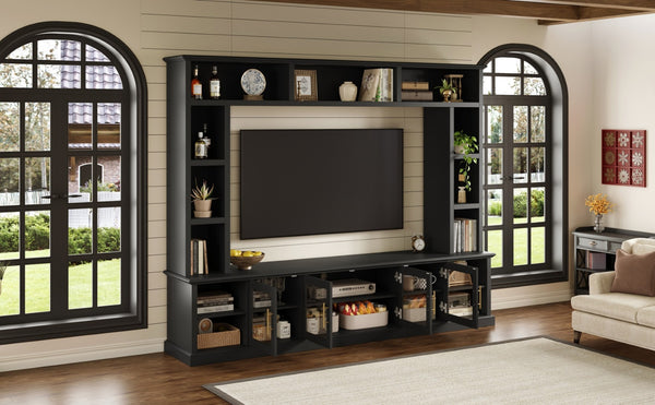 English Elm Entertainment Wall Unit with Glass Doors Open Shelving Mdf Living Room Storage Black N710S688100B