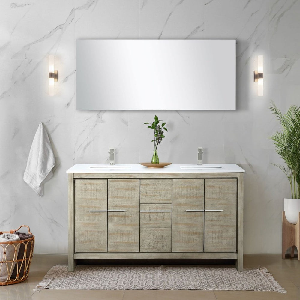 English Elm Rustic Acacia Double Bath Vanity 60" W With White Quartz Top, Brushed Nickel Faucet & Mirror Combo B2731S01683-GIGA