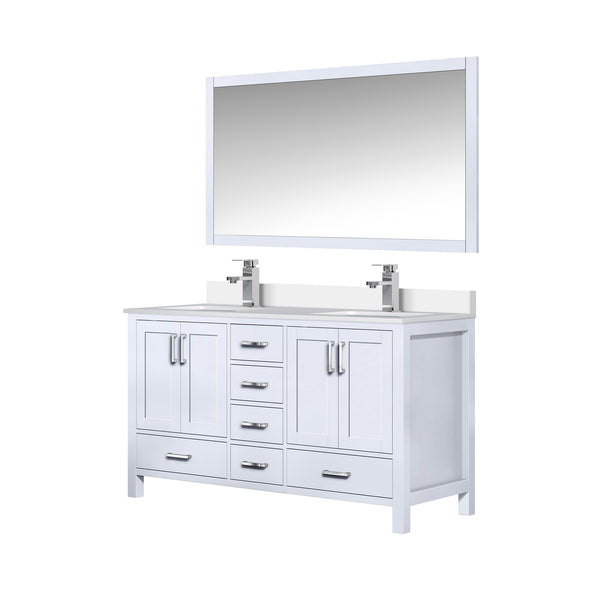 English Elm White Double Bath Vanity 60 in with Cultured Marble Top, Chrome Faucet, 58 in Mirror, Scratch-Resistant Finish B2731S01018