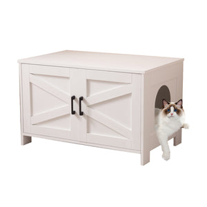 English Elm Cat Litter Box Enclosure with Barn Door Hidden Litter Box Furniture End Table Dual Cabinet Storage White W3008P235397