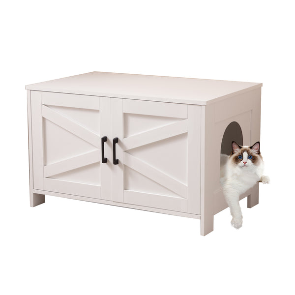 English Elm Cat Litter Box Enclosure with Barn Door Hidden Litter Box Furniture End Table Dual Cabinet Storage White W3008P235397