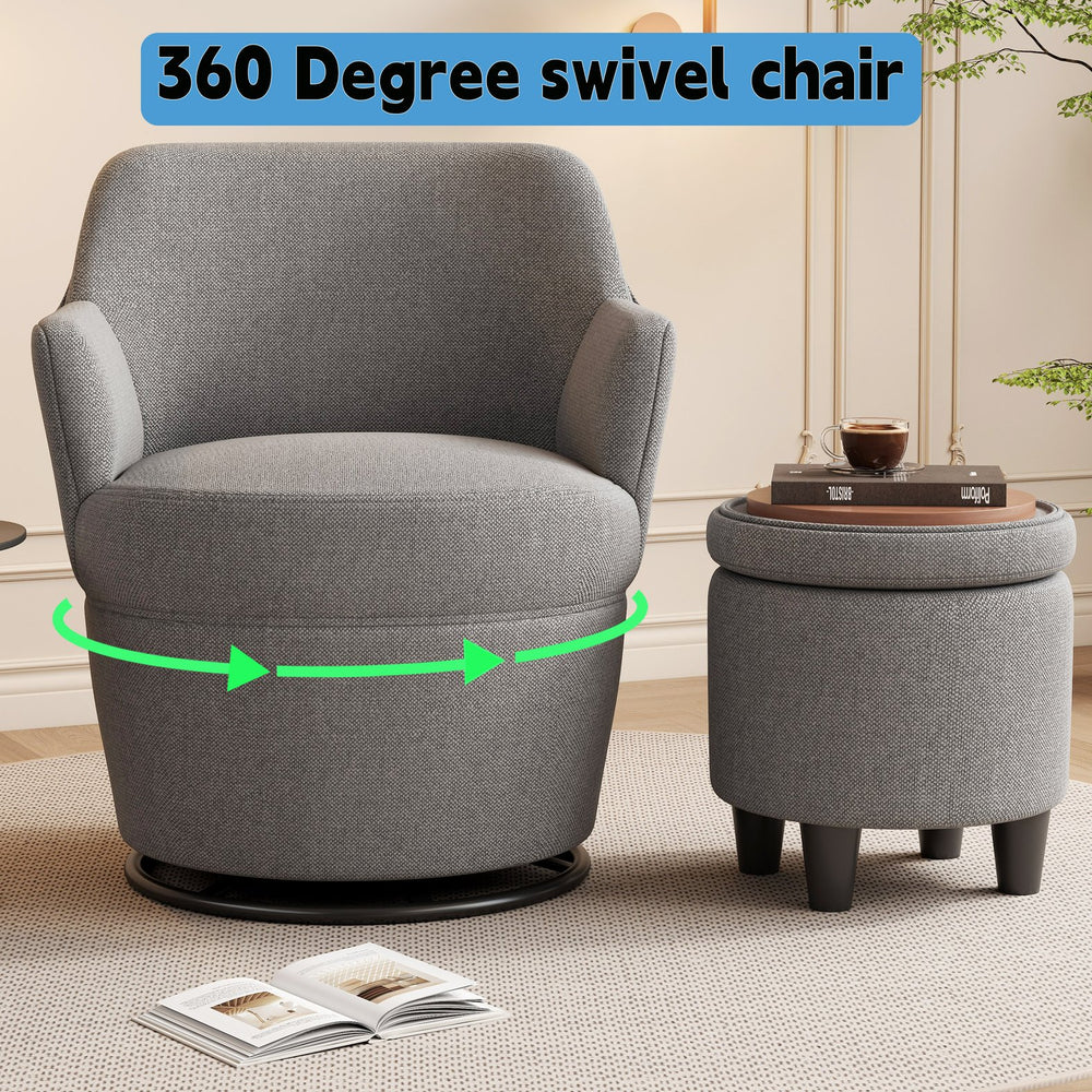 English Elm 360°Swivel Plush Accent Chair with Ottoman, Nail Trim, Storage Tray, Sturdy Metal Base, Cozy Seat Gray W2113P237040