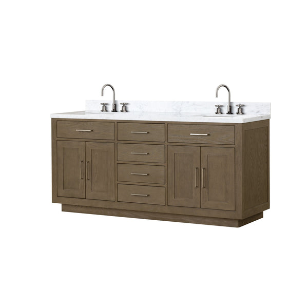 English Elm Grey Oak Double Bath Vanity With Carrara Marble Top & Chrome Faucet Set - 72" W, Stylish Storage Solutions B2731P257786