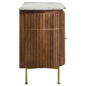 English Elm Feast Natural 4-door Sideboard Buffet Cabinet with White Marble Top, Mango Wood, Brass Inlay, 63" B062P342730